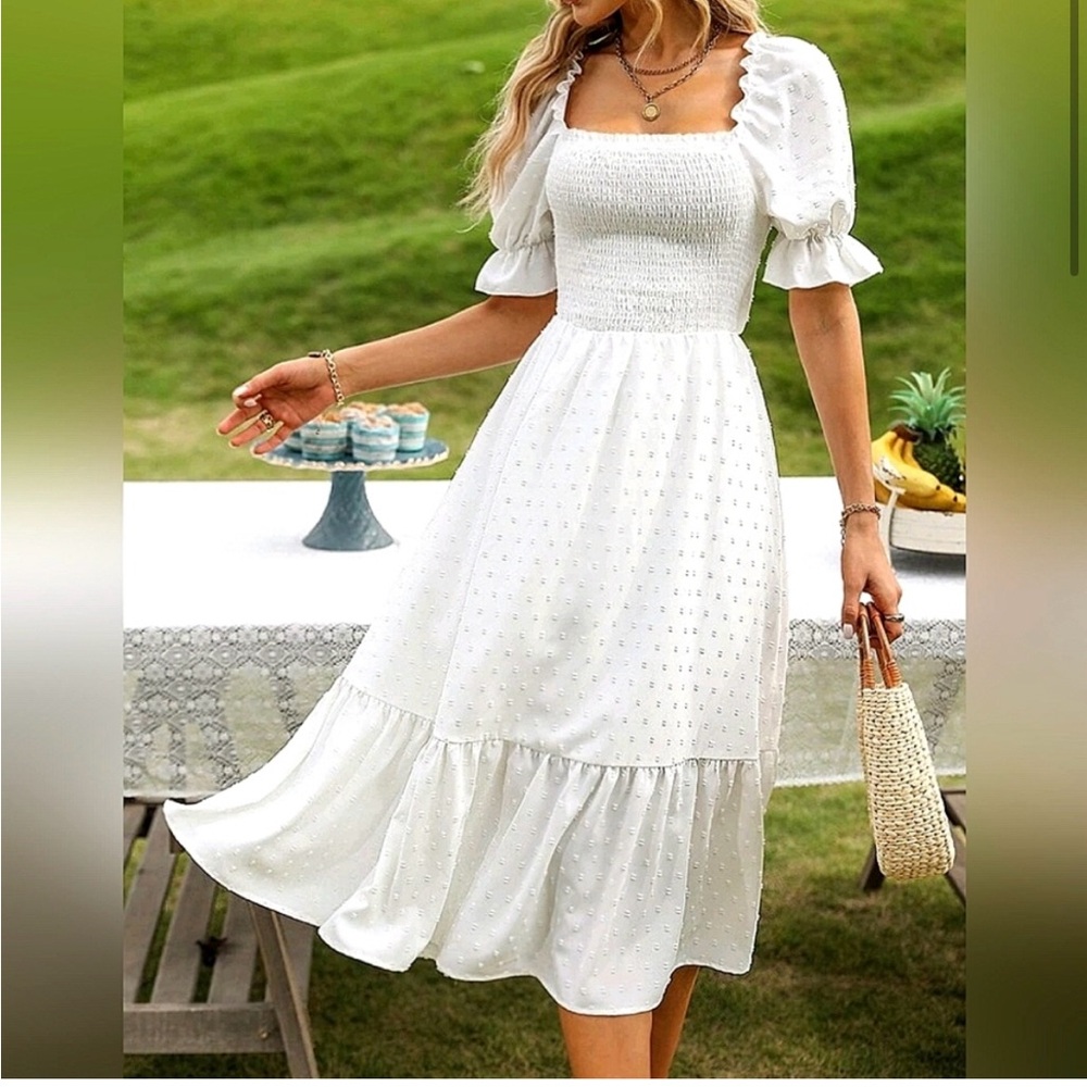 New Boho Swiss Dot Puff Sleeve Tie Back Midi Dress White